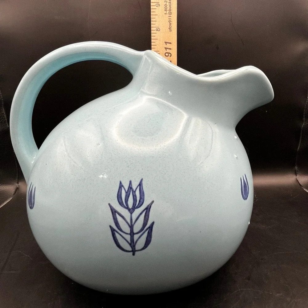 Vtg Light Blue Ceramic Cronin Ball Pitcher Ice Lip USA 1950 7
